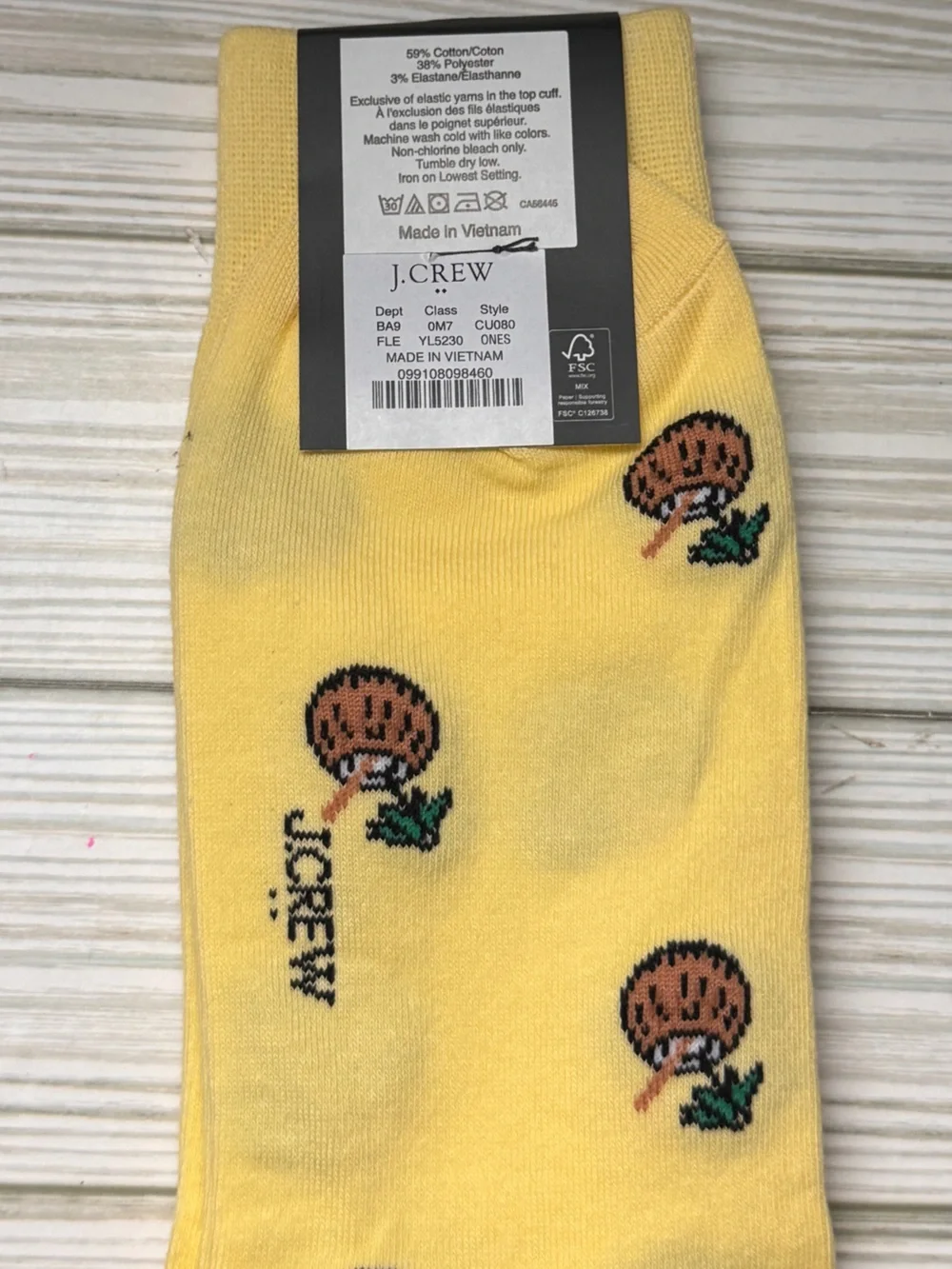 J. Crew Yellow and Brown Coconut Print Crew Socks Size OSA NWT